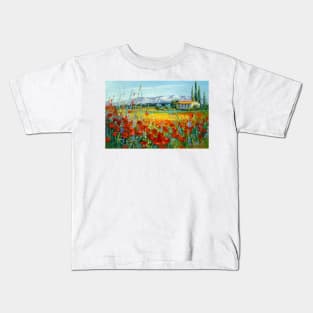 Poppy field near the mountains Kids T-Shirt